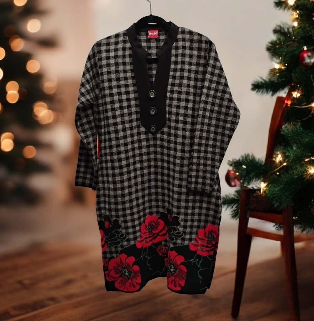 ✨Checkered Dress with Red Floral Design